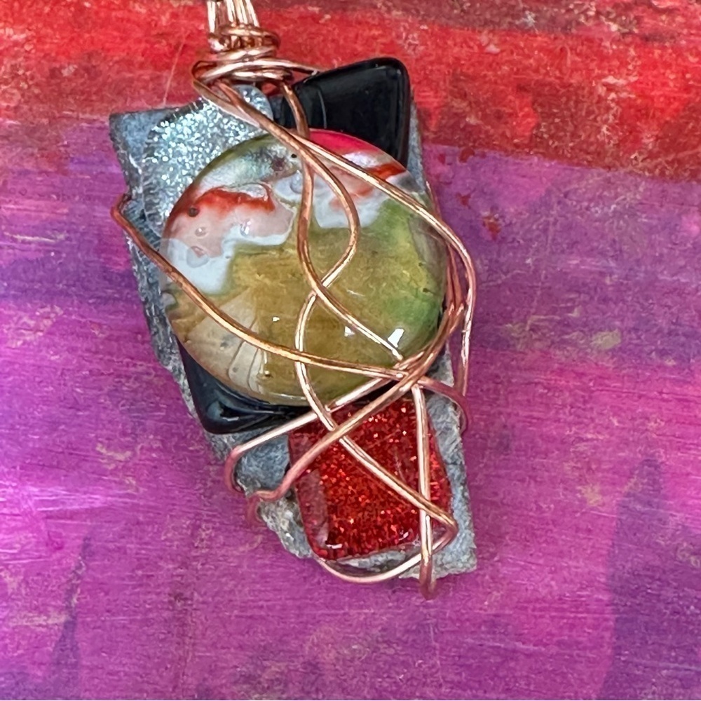 Collage Necklace Pendant, Handmade assemblage Wire Wrapped real Stones 2204